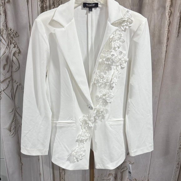Glamour Jackets & Blazers - Glamour White Floral Embellished Blazer